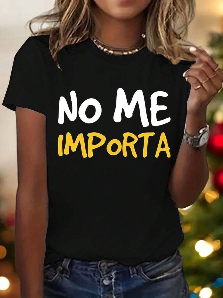 Women's Fashionable Casual Printed T-Shirt 0-8XL, Basic Top, Everyday Wear, Personality, All Weather, Comfortable Wear, Short Sleeve, Multiple Colors, Funny T-Shirt, Holiday Gift, "I Don't Care" Letter Print - 黑色 - 查看 1