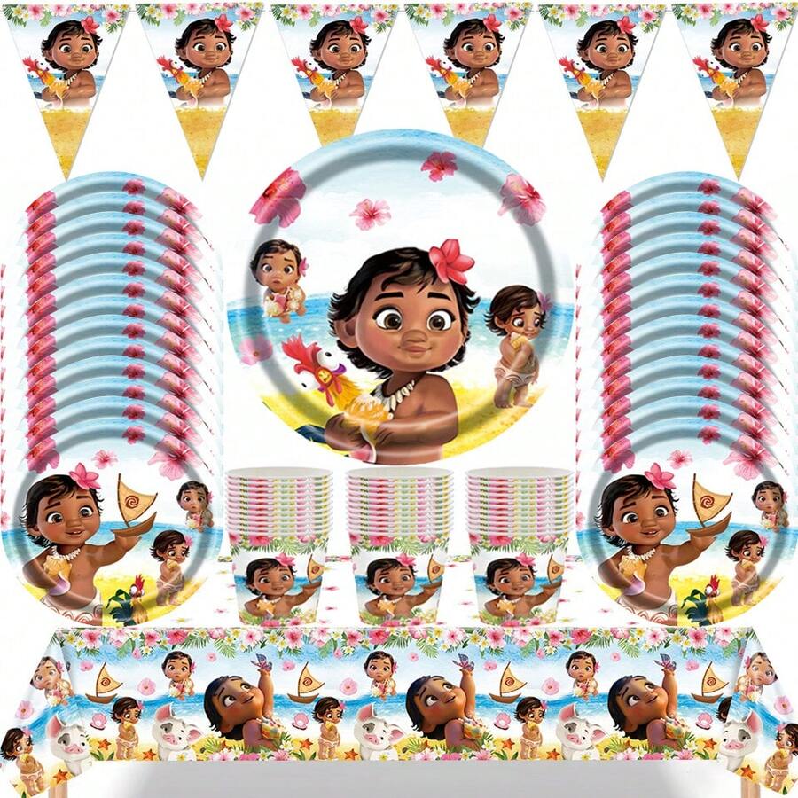 Ocean Princess Theme Birthday Party Supplies Set, Includes Banner, Plates, Cups, Hanging Swirl Decorations, Cake Topper, Gift Bags, Suitable For Tropical Hawaiian Style Birthday Party Decorations - Cartoon Tableware Set - View 1