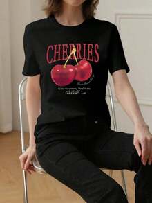 Camiseta de manga corta de verano para mujer, con estampado de cerezas, cuello redondo, casual, 100% algodón. - Negro - Ver 6