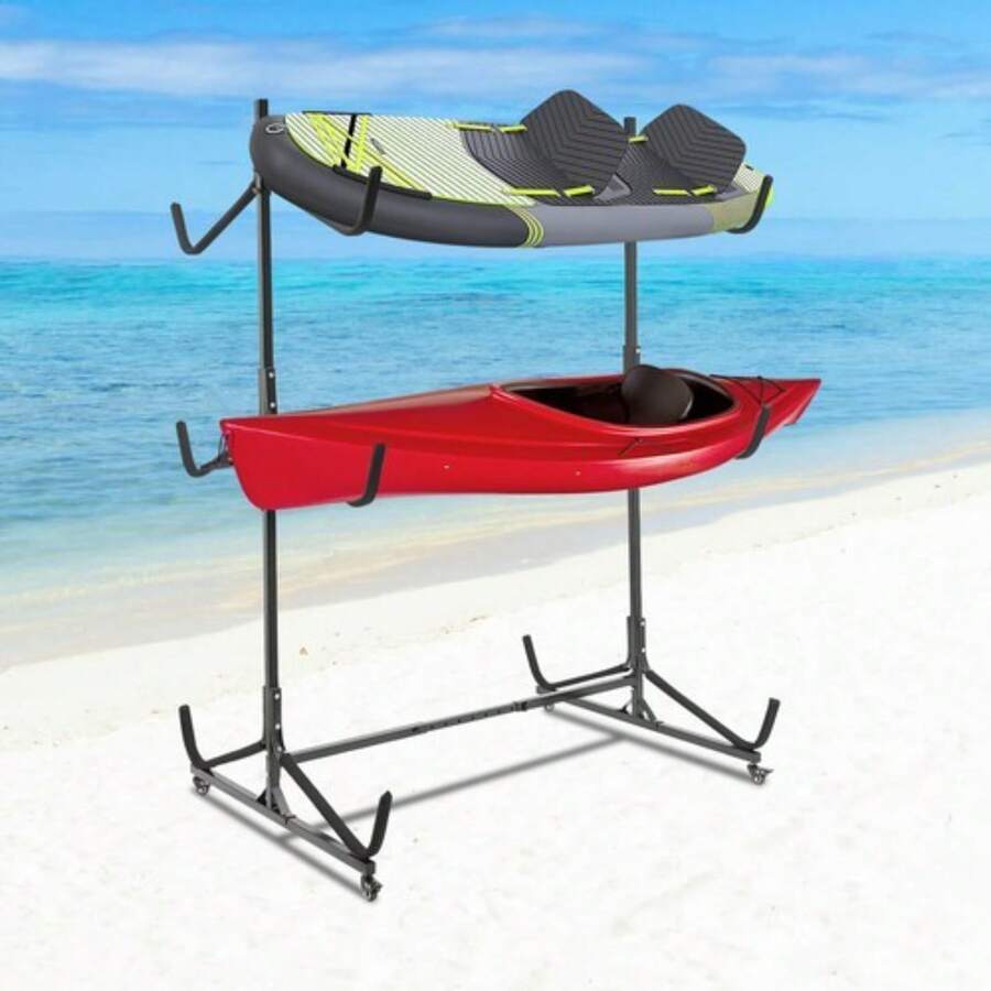 3 Tier Freestanding Kayak Storage Rack, Heavy Duty Kayak Storage Stand W/ Wheels - Default - View 1