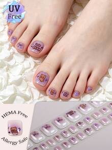 [UV Free]Light Purple Glitter Kawaii Cartoon Bear Fully Cured Gel Toe Nail Wraps, 32 Pieces, Easy To Apply For Beginners, Cute Girly Style Long Lasting Nail Wraps, Perfect For Travel & Daily Use - Multicolor - View 2