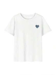 Camiseta de manga corta para mujer, holgada, de algodón puro, con estampado de corazones - estampado de letras azules en la espalda, camiseta blanca, estilo callejero Y2K, top casual de hombros caídos, camiseta vintage punk de manga corta 100% algodón. - Blanco - Ver 3