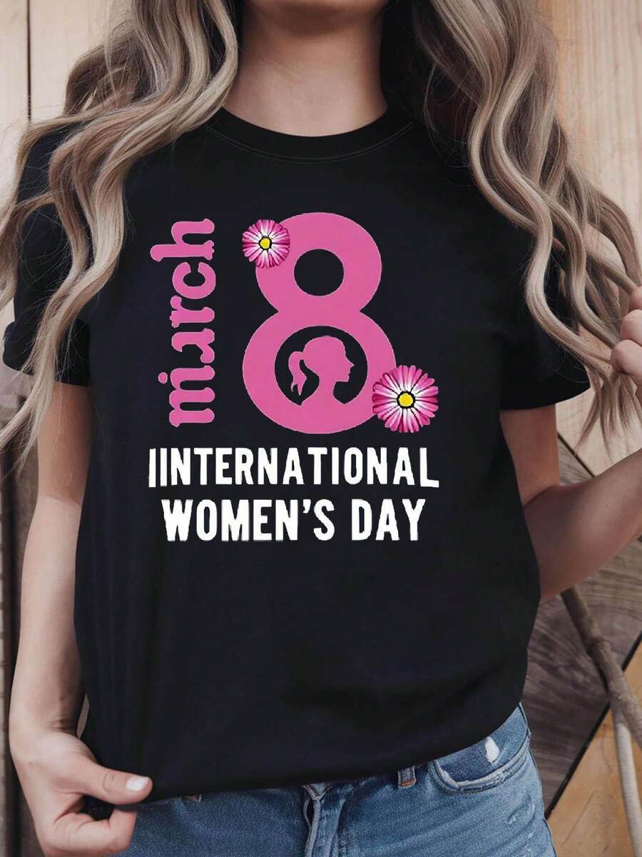 Camiseta del tema del Día Internacional de la Mujer del 8 de marzo de las mujeres - Número rosa 8 y Silueta de las mujeres y el eslogan de la decoración de manga corta casual, rosa-blanco suave festivo del día de la mujer Evento Top