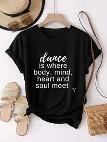El diseño cuenta con un patrón único que combina la esencia de la danza, encarnando una camiseta de manga corta elegante y cómoda para mujeres, perfecta para ocasiones informales y deportivas - Negro - Ver 2
