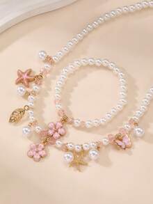 2件套女孩花朵、海星、蝴蝶和珍珠串珠项链和手链套装 - 粉色 - 查看 2