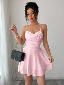 Vestido rosa color sexy con espalda descubierta y sin mangas, con pliegues, ideal para cumpleaños, conciertos, citas nocturnas, verano, fiestas de piscina y graduación - Rosa Pálido - Ver 1