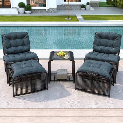 5-Piece Outdoor Garden Furniture Set / With Table And 2 Chairs Including 2 Stools / Iron Frame & PE Rattan / With Cushions And Glass Top – Balcony Furniture Lounge Set For Terrace, Garden And Balcony, Weatherproof & Comfortable