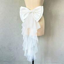 1pc White Satin Oversized Bow Backpiece, Asymmetrical Mesh Ribbon Waist Decor - Multicolor - View 5