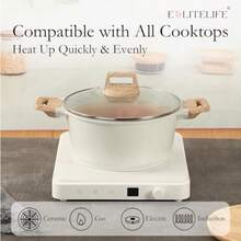 ESLITE LIFE - Olla antiadherente con tapa, cazuela de granito de 7 cuartos de galón, olla grande para sopa, olla de cocina para pasta, compatible con inducción,  y PFOA, color blanco - Ver 5