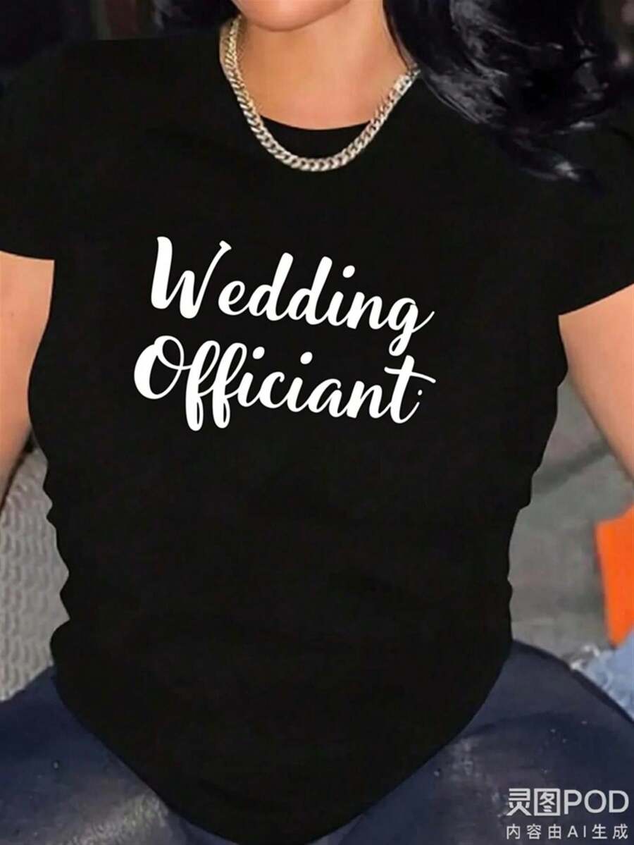 Women's Official Wedding Graphic Tee - Elegant Cursive Letter Print, Soft & Breathable Blend, Lightweight Stretch Short Sleeve T-Neck Party Top, Perfect For Weddings, Events, Everyday Wear - Black With Lettering (S-XXL) - Timeless Tee - 黑色 - 查看 1