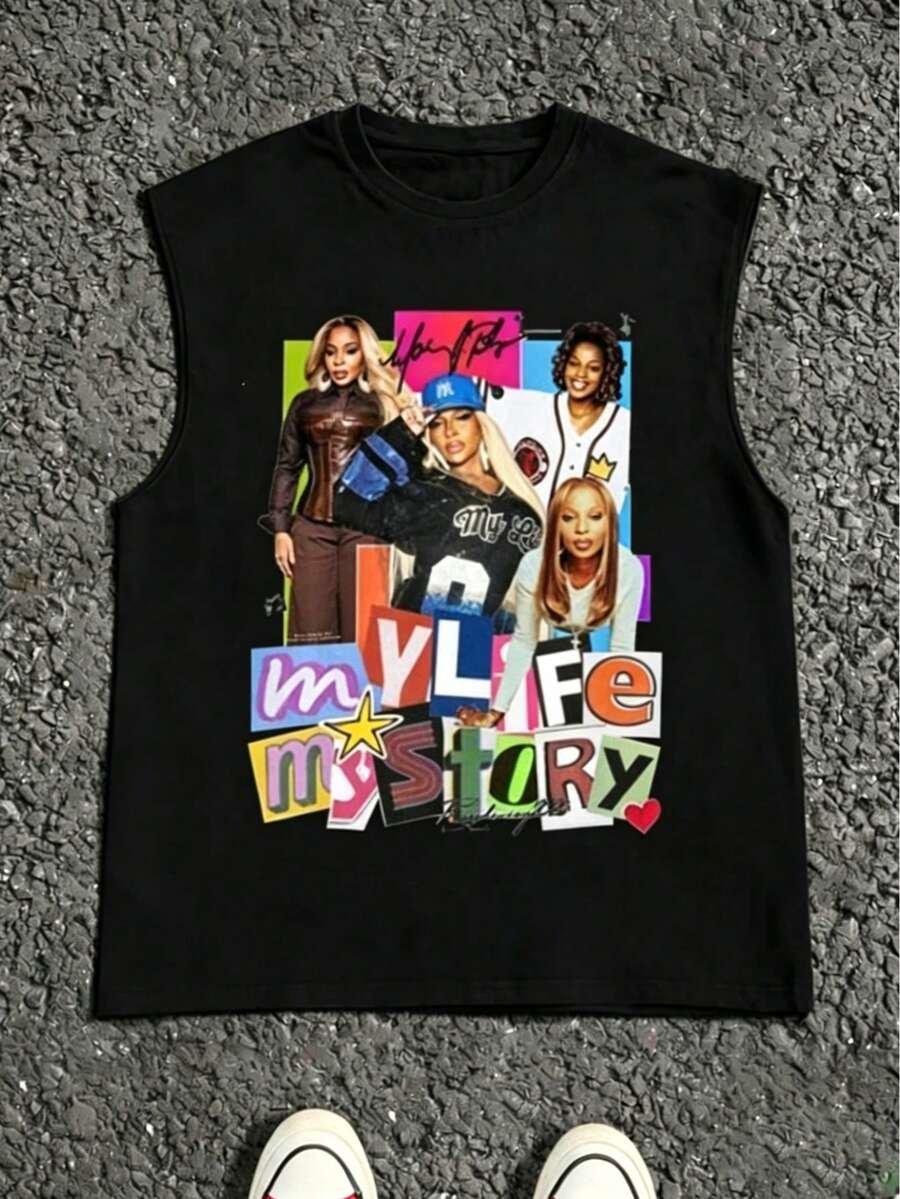 Mary J Blige Graphic Tank Tops Women, Y2K Summer Sleeveless Tops, Music Festival Going Out Crop Tops, Casual Streetwear - 黑色3 - 查看 1
