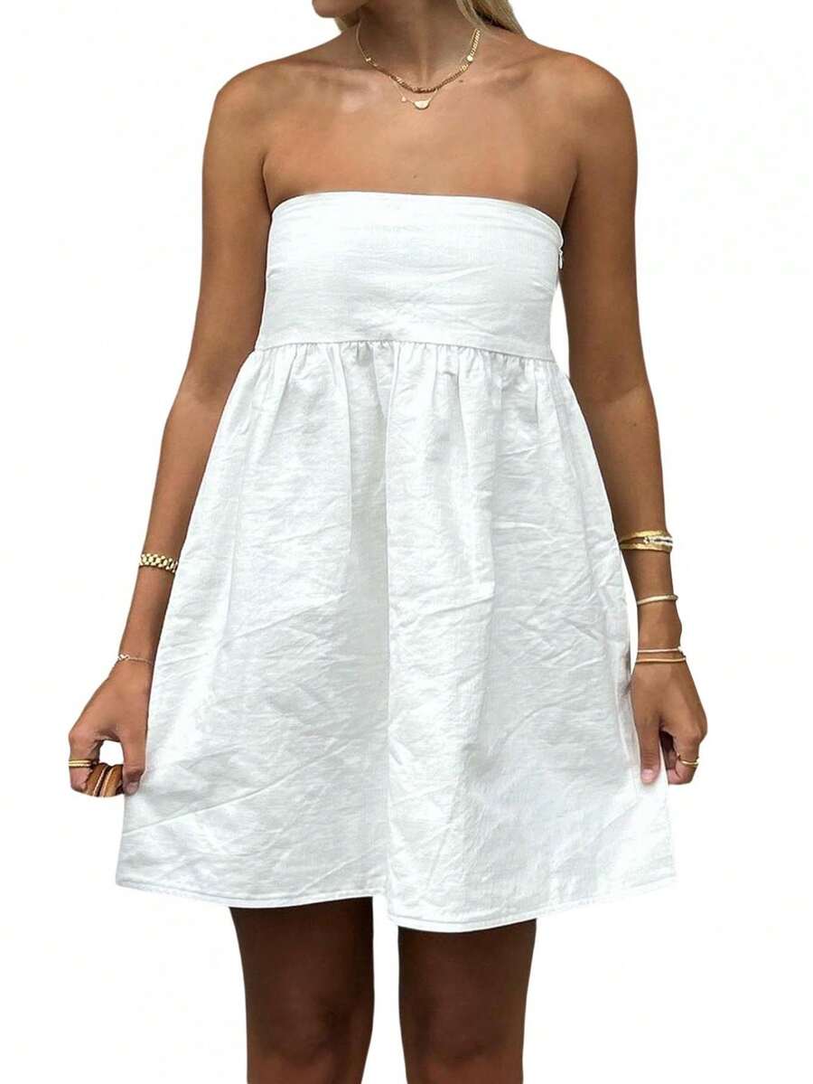 Women Tube Dress Solid Color A-Line Dress Strapless Dress Summer Backless Mini Dress - White - View 1