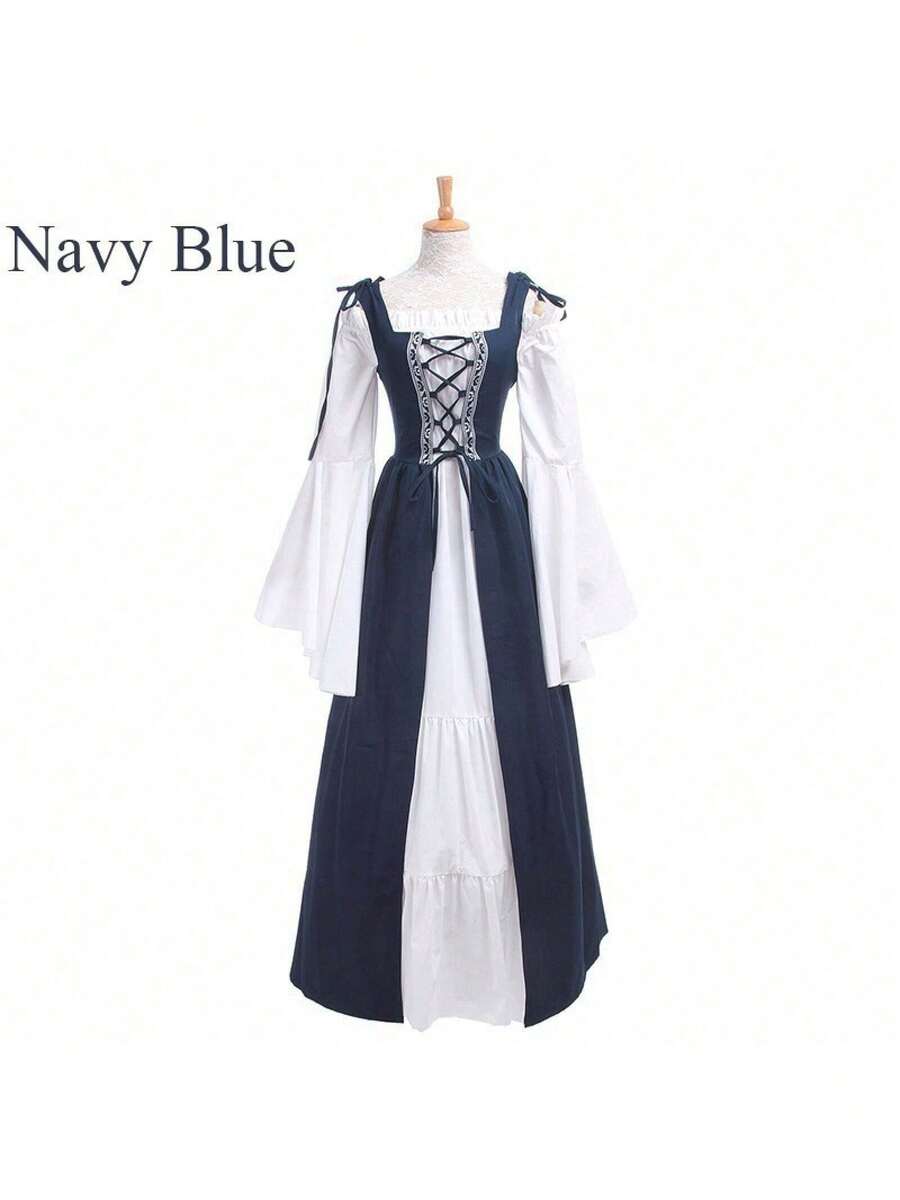 Women's Halloween Costume Two-Piece Retro Palace Dress Medieval Drama Stage Costume Women's Fancy Dress Outfit - Dark Blue 16 - View 1