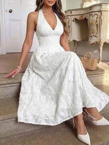 Women's Elegant White Spaghetti Strap Maxi Dress, Deep V-Neck Backless A-Line Design, Suitable For Holiday Parties, Christmas, New Year, Formal Occasions - White - View 5