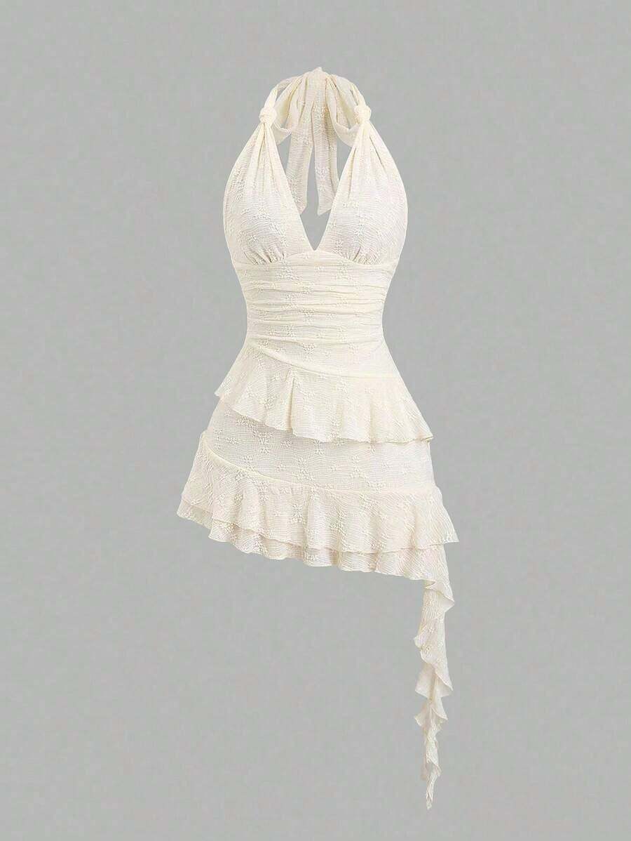 Spring & Summer Romantic Girl Knit Lace Twist-Tied Layered Ruffle Hem Crop Dress Casual Sweet Style - Màu be - Xem 1
