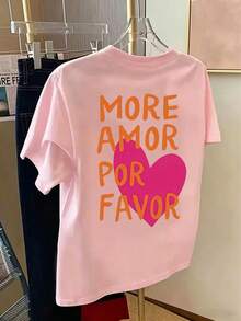女款夏季度假 T-shirt，印有「More Amor Por Favor」文字與粉色愛心圖案，休閒圓領短袖上衣，粉紅色 - 粉色 - 查看 2