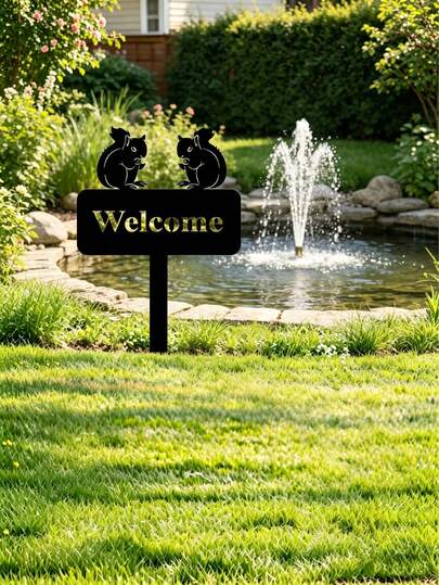 2D Flat Black Iron Squirrel Welcome Logo Garden Pile - Cute Double Squirrel Silhouette Courtyard Art, Wind And Rain Resistant Outdoor Decoration For Pond Garden, Water Garden, Front Yard, Lawn, Courtyard, Flower Bed, Entrance, And Backyard, Squirrel Enthusiasts, Nature Enthusiasts, Wildlife Enthusiasts, Garden Enthusiasts, Home Gifts, Gardening Gifts, And Nature Enthusiast Gifts