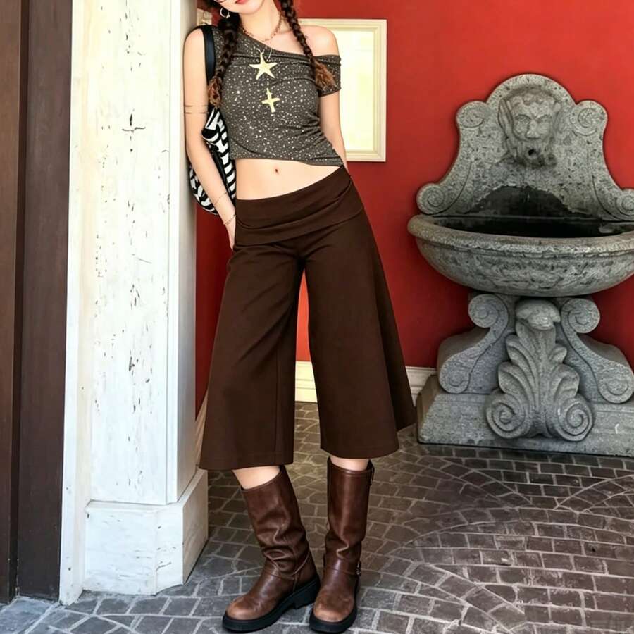 Women Fold Over Lounge Capris Wide Leg Cropped Flowy Gaucho Pants Comfy Casual Yoga Coluttes Pajama Bottom - Cocoa - Xem 1
