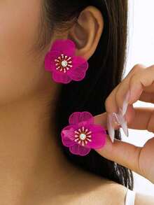 1 Pair Enamel Floral Drop Earrings, Lovely Flower Shape Earrings Pendants For Women, Daily Wear Jewelry - 黃金 - 查看 7