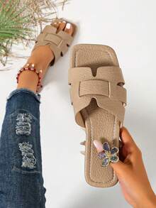 Ximi Ruo New Spring/Summer Fashion Casual Strap Slide Sandals, Comfortable Flat Heel Round Toe Slip-On Beach Slippers, Versatile Decorative Flat Sandals For Summer - Apricot - View 2
