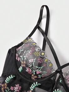 Embroidered Floral Deep V-Neck Slip Dress For Women - Black - View 4