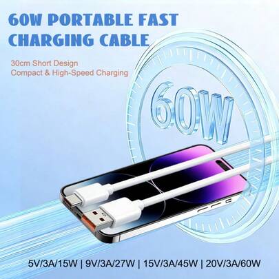 30cm/11.8inch White USB To Type-C Fast Charging Data Cable, Compatible With Power Banks, Anti-Tangle And Durable, Suitable For Type-C Devices Like Smartphones, Tablets, Earphones, Compatible With Samsung/ And Other Smartphones For Fast Charging