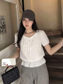 甜美褶皱纯色短袖女式衬衫，系带腰身荷叶边夏季上衣 白色 - 白色 - 查看 4