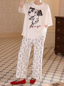 Disney 迪士尼女士睡衣两件套，迪士尼斑点狗印花短袖上衣和长裤套装，柔软家居睡衣，米白色 - 米色 - 查看 9