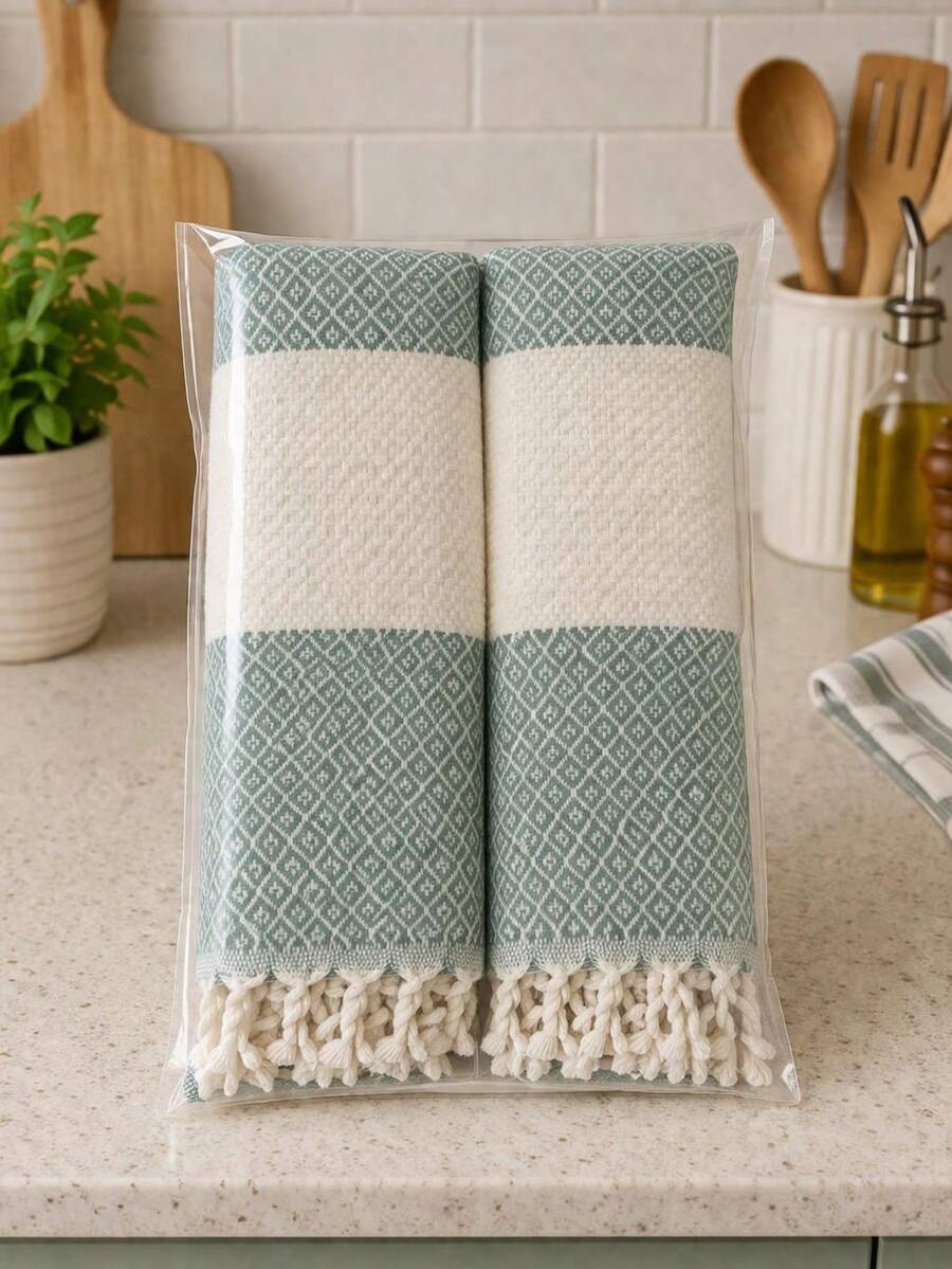 Toalla de cocina 100% algodón 40x100cm 2 piezas - Altamente absorbente, textura suave, elegante HECHO EN TURQUÍA - Verde - Ver 1