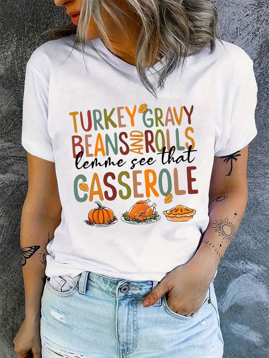 Camiseta de Acción de Gracias canadiense de las mujeres - divertido "Turquía Gravy Beans Rolls Like Cerole" eslogan y calabaza tarta gráfico, corto Sve cuello redondo Top casual, tamaños S-XXL, toda la temporada para otoño y Acción de Gracias cena Outfi, día Gifdea