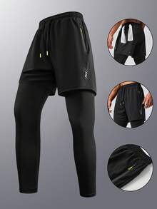 Quần thể thao nén dành cho nam, mùa hè, 2 trong 1, có lớp lót, thích hợp cho chạy bộ, tập luyện và thể thao thường ngày. - màu đen - Xem 2
