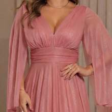 Luxury Long Dress With Flowing Sleeves And Deep Neckline – Timeless Elegance And Sparkle For Parties* - Màu hồng gỉ - Xem 3