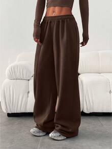 Women's Casual Loose Plain Color Elastic Waist Sweatpants With Pockets Winter - Coffee Brown - View 2