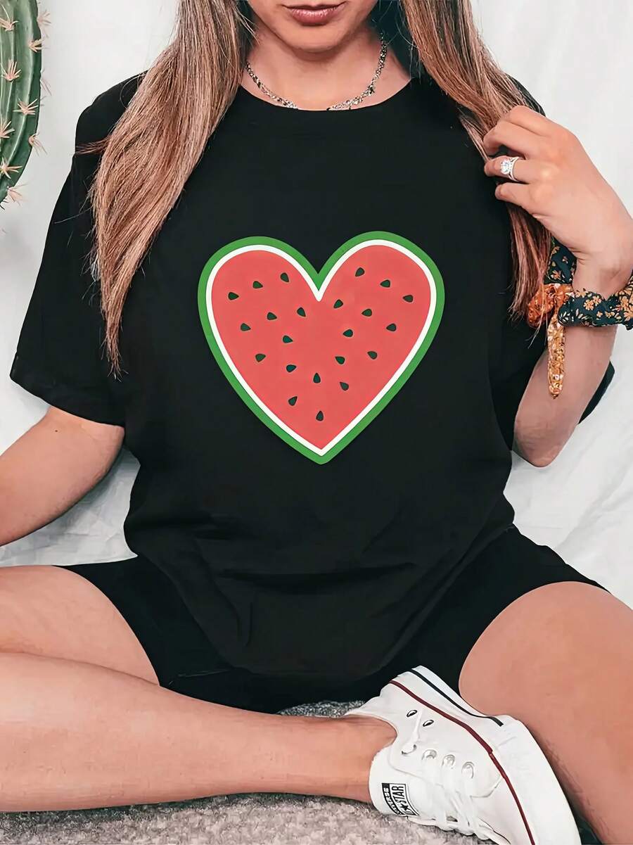 Women's Casual Graphic Print T-Shirt - Short Sleeve Crew Neck, Black With Blueberry Heart Design, Lightweight For Summer And Spring, Ladies' T-Shirts - 黑色 - View 1