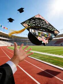 Customized Movie Film Photo Graduation Cap, Personalized Graduation Cap Decoration, Customizable Text Graduation Cap, Floral Pattern Graduation Cap Decoration Made Of Paper Material, One-Piece Design, Floral Print, Movie Film Photo Layout Suitable For Graduates, High School Graduates, College Graduates, Class Of 2026, For Students' Family Graduation Ceremony - Black - View 2
