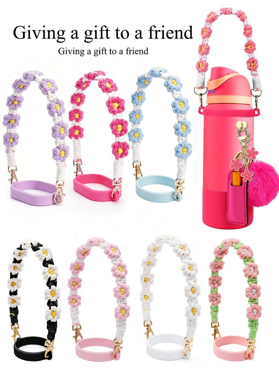 1pc Floral Water Bottle Handle Strap, Adjustable Universal Cup Holder, Cup Accessory, Water Bottle Lanyard, Water Bottle Decoration, Suitable For 20 To 40 Oz Sports Cups, Suitable For Fitness, Camping And Outdoor Activities - Flower Handle - View 1