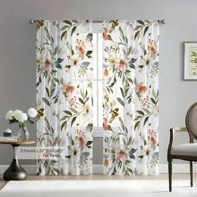 2PCS/1PC Pastel Watercolor Mixed Floral Sheer Curtains, Rod Pocket Hanging Style, Soft Light-Filtering Mesh, Romantic Spring Bloom Pattern, Decorative Window Coverings For Bedroom, Living Room, Nursery, 52"W * 84"L