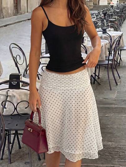 Women's Polka Dot Pattern Double-Layer Mesh Skirt, Fitted Beach Vacation Straight Skirt, Spring/Summer