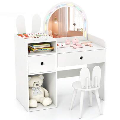  COSTWAY Bunny Kids Vanity Table And Chair Set, Girls Vanity Set W/ Mirror, 2 Drawers & 2 Compartments, Comfortable Chair, Princess Makeup Dressing Table For Kids Aged 3+ Years Old, White