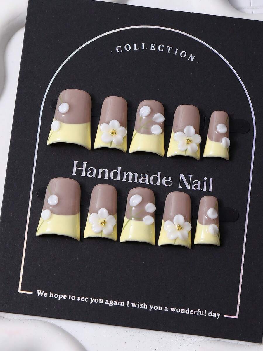 10 Stücke/Set handgefertigte kurze Entenschnabel-Nagelkappen im Y2K-Gelb, mit französischem und 3D-handgeschnitztem Blumendesign. 1 Stück Gelee-Gel und 1 Nagelfeile. Geeignet für den täglichen Gebrauch und Partynagelpflege-Produkte. - Gelb - Übersicht 1
