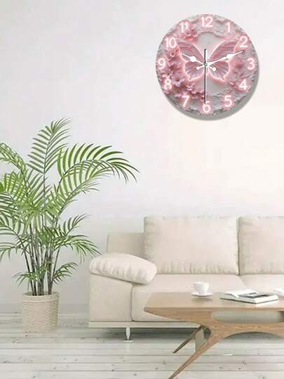 2D Flat Design, 1pc Romantic Cherry Blossom & Butterfly Pink Themed Wooden Wall Clock, Silent Decorative Creative Clock, 25/30cm (Batteries Not Included), 2D Flat