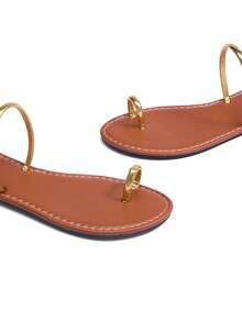 Women's Elegant Striped Toe Loop Flat Sandals, Stylish & Fashionable Gold, Summer - Gold - View 3