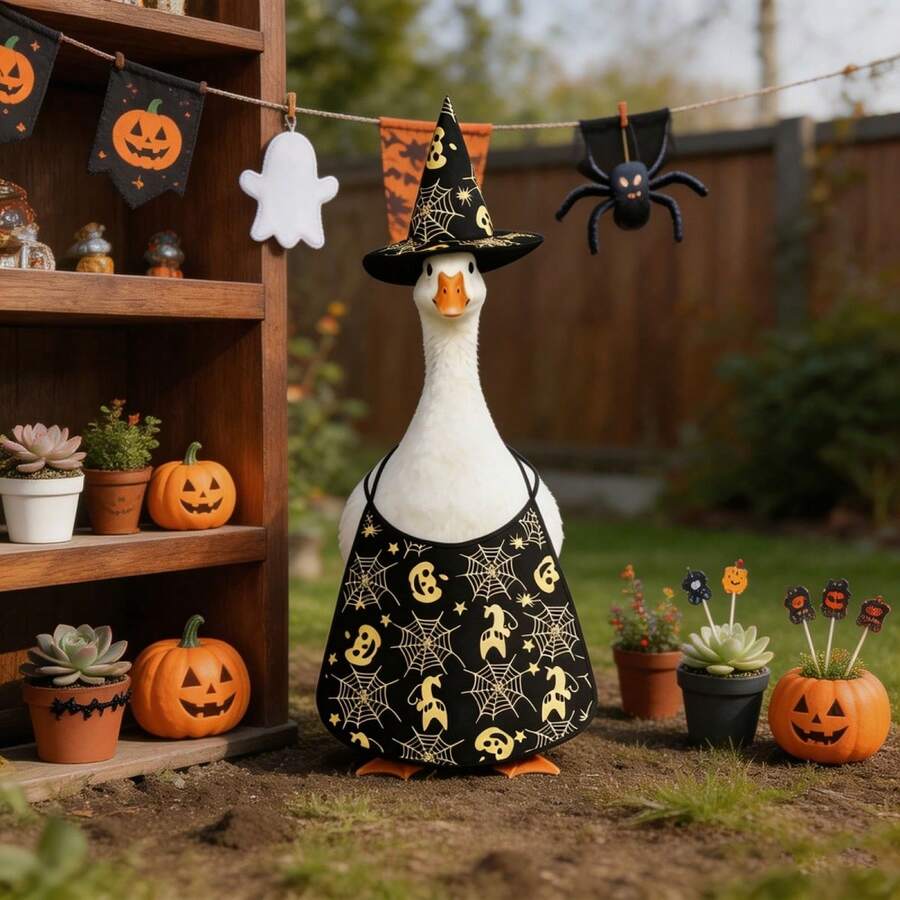 Porch Goose Halloween Outfit Witch Hat And Cape Set For 23 Inch Lawn Goose Statue Clothes Outdoor Yard Art Decoration - Black - View 1