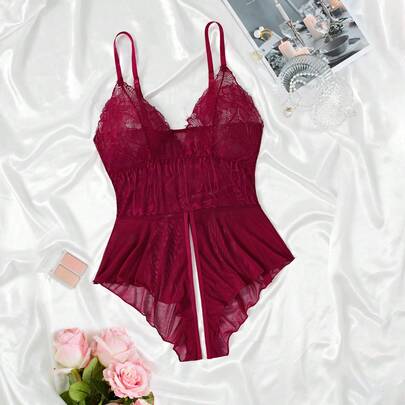 Plus Size Women Lace Patchwork Sexy Lingerie Bodysuit