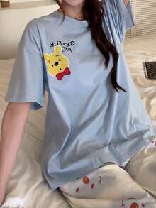 Gongdie Bộ đồ ngủ nữ Disney 2 món, áo tay ngắn và quần dài in hình Winnie the Pooh, đồ ngủ mềm mại thoải mái. - Màu xanh nhạt - Xem 5