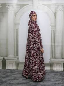 Burgundy Floral Pattern Prayer Robe, Long Lantern Sleeve, Woven Fabric, Floor-Length, Solemn And Elegant Prayer Attire Vacation - Multicolor - View 4