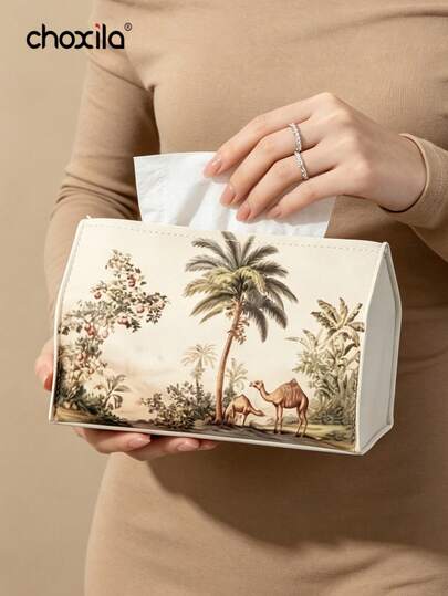 choxila 1pc Coconut Tree & Camel Pattern Paper Towel Box Cover, Modern Home Decor Paper Towel Holder Suitable For Bathroom, Bedroom, Living Room