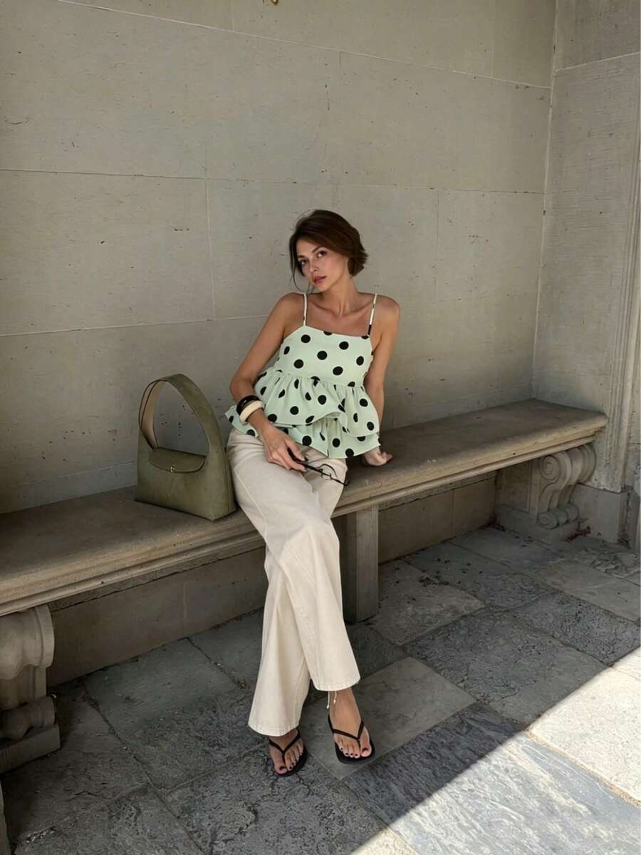 Damen Frühling/Sommer elegantes lässiges Mode klassisches Punkt Muster Doppel-Lagen Rüschensaum Camisole Top - Doppel-Lagen Rüschen, plissiert, verstellbare Träger, kurz & dünn, täglicher Arbeitsweg, Urlaub, Valentinstag lässiger Ausflug Camisole Top - Grün - Übersicht 1