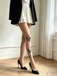 女士绿色蝴蝶图案透明连裤袜 - 优雅仿纹身紧身裤袜，适合办公室、约会和各种时尚场合 - 彩色 - 查看 1