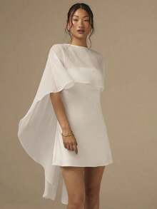 2pcs/Set Women's Satin Bias Cut Mini Dress & Cape Shawl, Solid Color Cocktail Dress For Wedding, Party, Event, Vacation, White - trắng - Xem 5